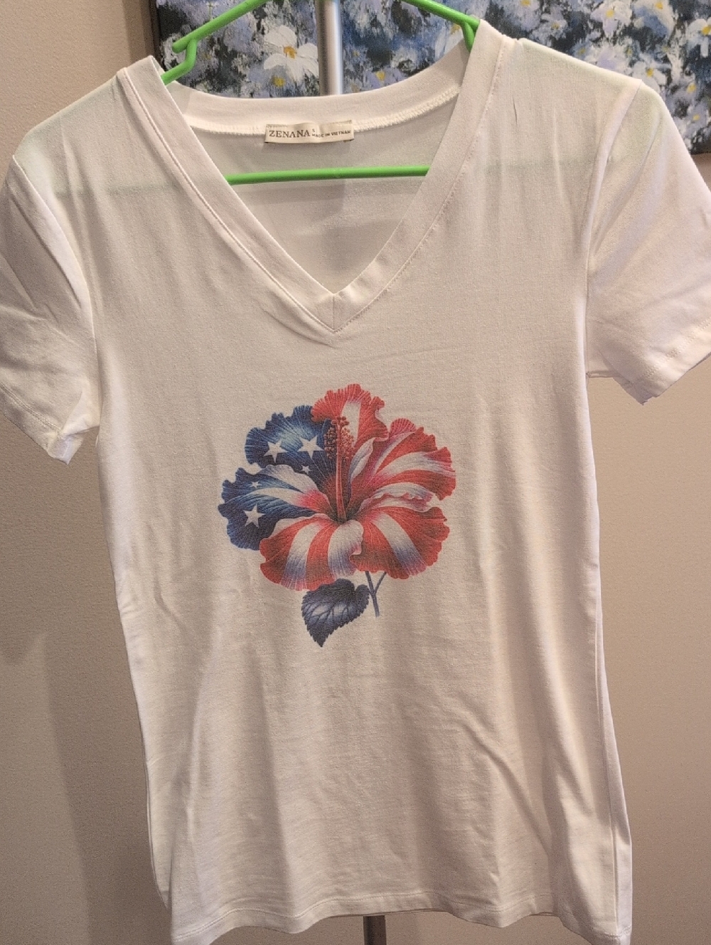 Zenana Outfitters White V-Neck Tee with Red and Blue Floral Flag Graphic